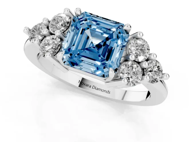 Fancy Blue Asscher Cut Diamond Solitaire Ring Set in Silver with Cluster Accents on Each Side – second view