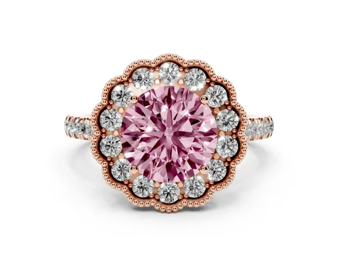 Round Vintage Milgrain Floral Halo Engagement Ring Setting for a Fancy Pink Lab-Grown Diamond | Pavé Band | Rose Gold