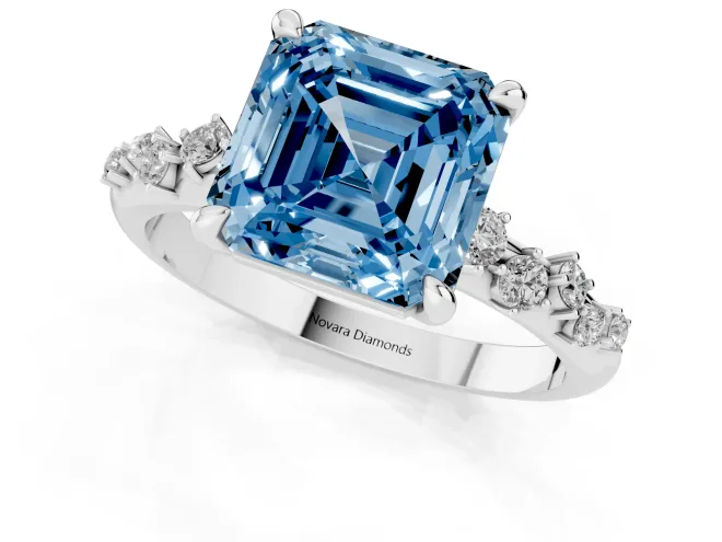 Fancy Blue Asscher Cut Diamond Solitaire Vine Band Ring Set in White gold with Round Accents and Prong Setting – second view
