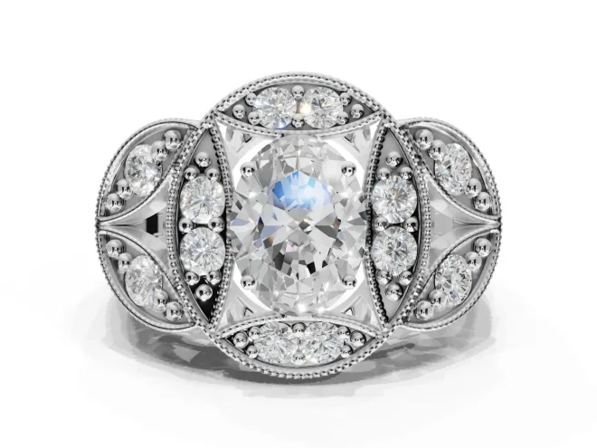Heart-Shaped Vintage Floral Halo Engagement Ring Setting | Engraved Milgrain Band | White Gold