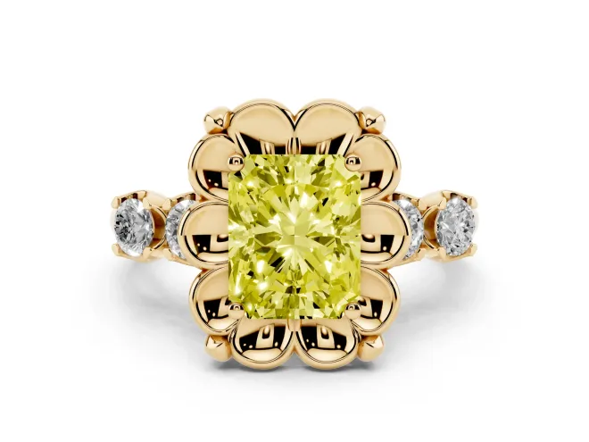 Fancy Yellow Radiant Cut Diamond Floral Halo Ring Set in Yellow gold with Shared Prong Band