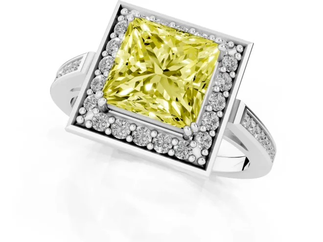 Fancy Yellow Princess Cut Diamond Halo Ring Set in Platinum with Accent-Lined Split Shank and Prong Setting – second view
