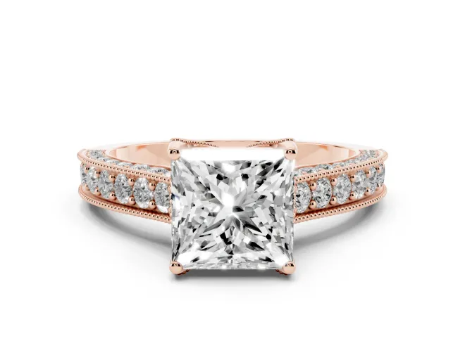 Princess Cut Vintage Hidden Halo Engagement Ring Setting | Milgrain Pavé Band | Rose Gold