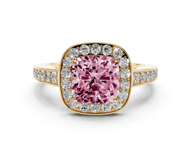 Cushion Cut Framed Halo Engagement Ring Setting for a Fancy Pink Lab-Grown Diamond | Yellow Gold