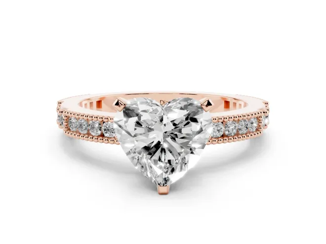 Heart Cut Diamond Solitaire Ring Set in Rose gold with Slim Pavé Band and Prong Setting