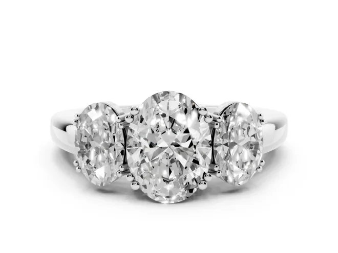 Oval Cut Diamond Three-Stone Ring Set in White gold with Polished Band and Prong Setting