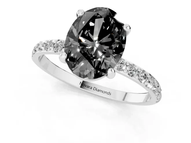 Fancy Black Oval Cut Diamond Solitaire Ring Set in Platinum with Round Pavé Band and Prong Setting – second view