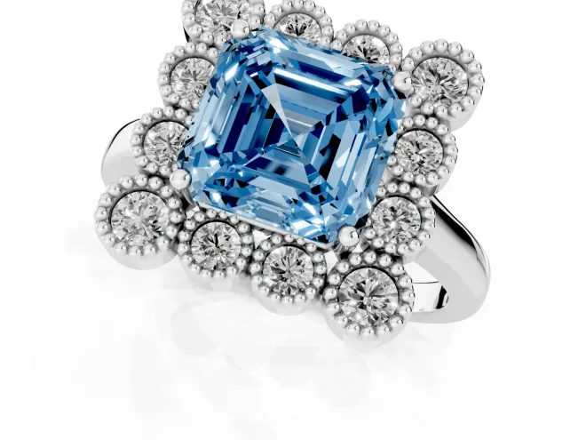 Fancy Blue Asscher Cut Diamond Cluster Halo Ring Set in Platinum with Milgrain Bezel Accents and Plain Band – second view