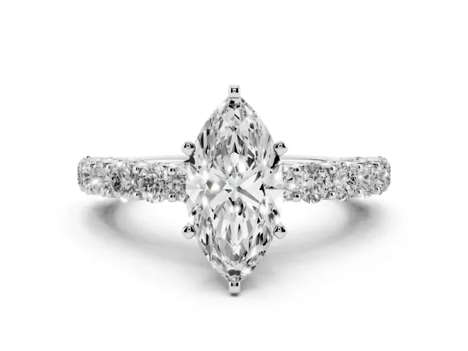 Marquise Cut Diamond Solitaire Ring Set in White gold with Shared Prong Pavé Band
