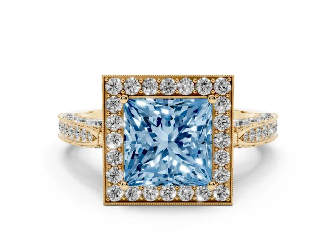 Fancy Blue Princess Cut Diamond Halo Engagement Ring Set in Yellow gold with Accent Split Shank Band
