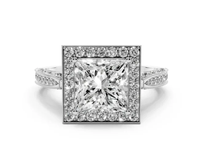 Princess Cut Diamond Halo Engagement Ring Set in White gold with Accent Split Shank Band