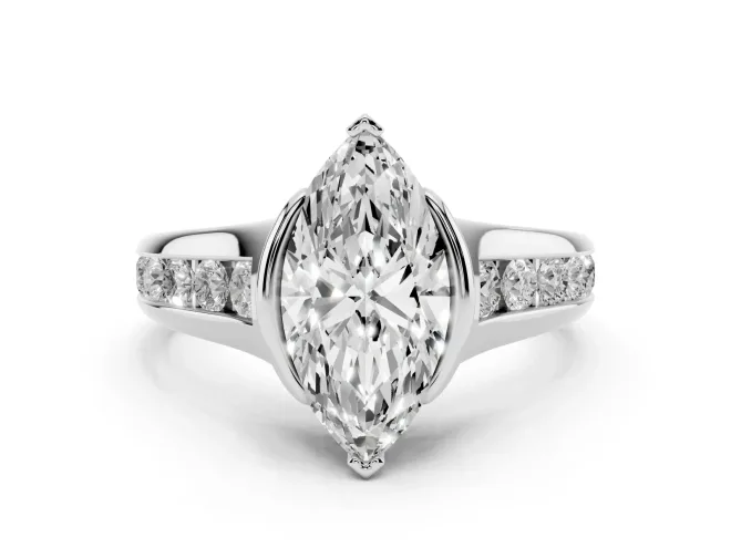 Marquise Cut Diamond Bezel-Set Solitaire Ring Set in White gold with Channel-Set Band
