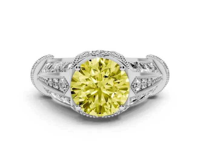 Fancy Yellow Round Cut Diamond Vintage-Inspired Milgrain Ring Set in Platinum with Accent Split Shank