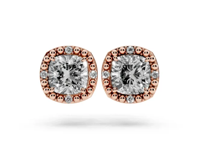 Cushion Cut Lab-Grown Diamond Beaded Halo Stud Earrings | Four Round Accents | Rose Gold