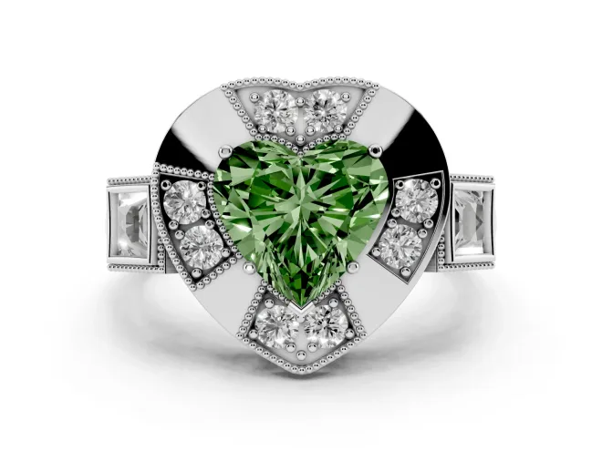Fancy Green Heart Cut Diamond Milgrain Halo Ring Set in White gold with Split Shank