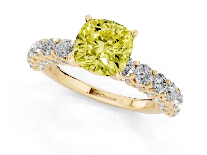Fancy Yellow Cushion Cut Diamond Solitaire Ring Set in Yellow gold with Shared Prong Pavé Band – second view