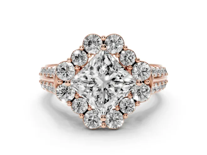 Princess Cut Large Accent Halo Engagement Ring Setting | Graduated Pavé | Rose Gold