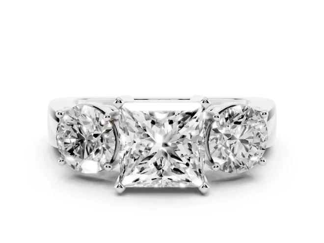 Princess Cut Diamond Three-Stone Ring Set in Silver with Round Side Stones and Classic Band