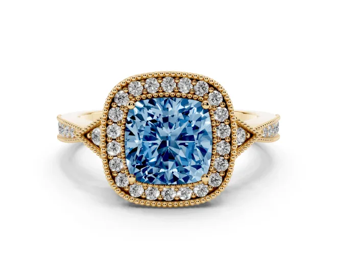 Cushion Cut Milgrain Halo Engagement Ring Setting for a Fancy Blue Lab-Grown Diamond | Graduated Pavé | Yellow Gold