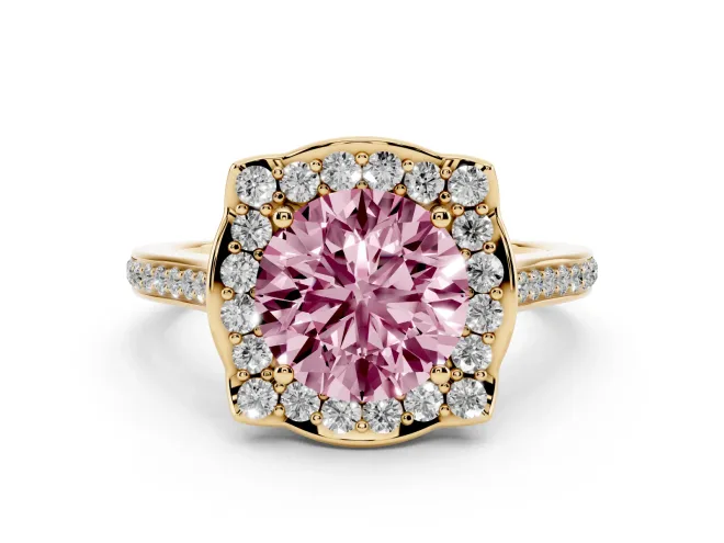 Round Halo Engagement Ring Setting for a Fancy Pink Lab-Grown Diamond | Petal Tips | Yellow Gold