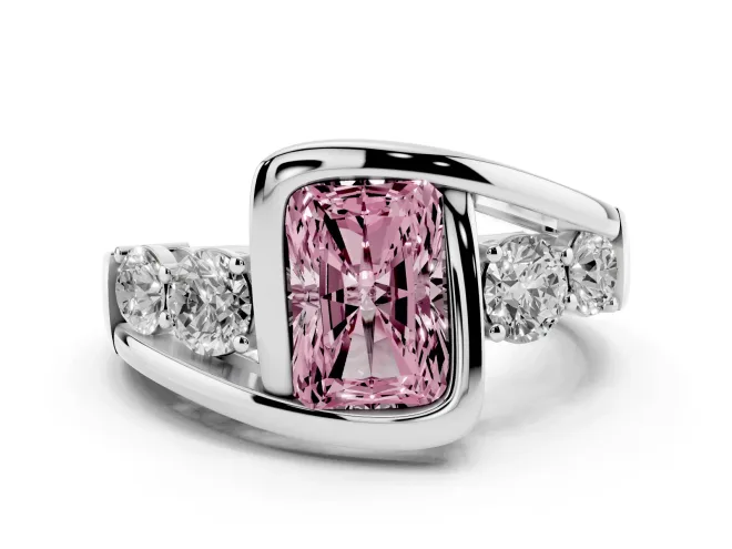 Fancy Pink Radiant Cut Diamond Bezel Bypass Ring Set in Silver with Round Accents