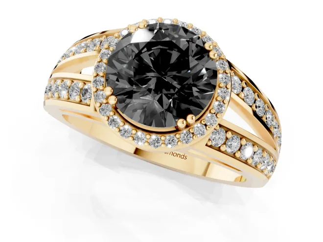 Fancy Black Round Cut Diamond Halo Ring Set in Yellow gold with Double Pavé Split Shank – second view