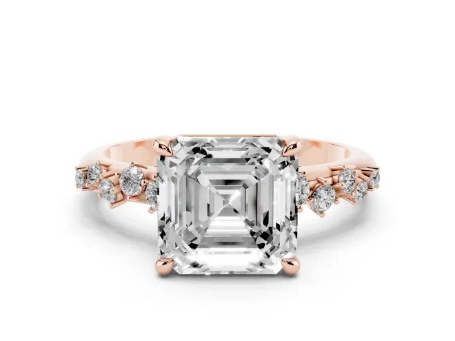 Asscher Cut Diamond Solitaire Vine Band Ring Set in Rose gold with Round Accents and Prong Setting