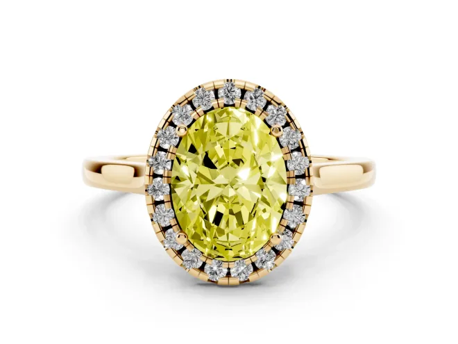 Fancy Yellow Oval Cut Halo Round Diamond Solitaire Ring Set in Yellow gold with Pavé Band and Prong Setting