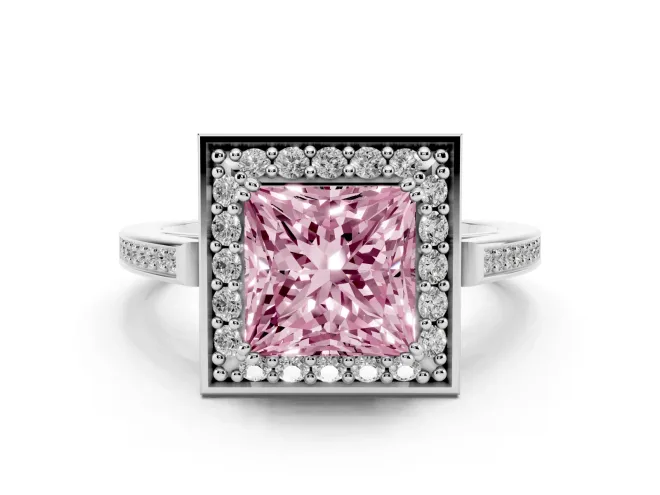 Fancy Pink Princess Cut Diamond Halo Ring Set in Platinum with Accent-Lined Split Shank and Prong Setting