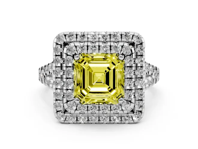 Asscher Cut Halo Split Shank Engagement Ring Setting for a Fancy Yellow Lab-Grown Diamond | White Gold