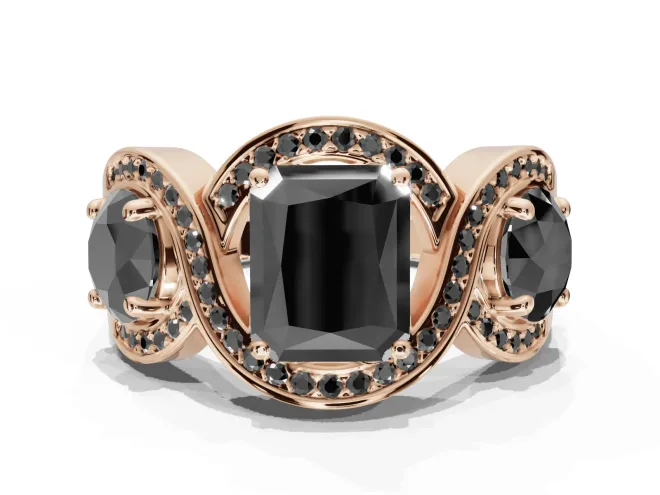 Radiant Cut Three Stone Halo Engagement Ring Setting for a Black Center | Pavé Wave Band | Rose Gold