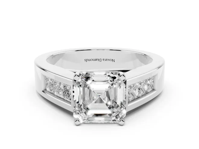 Asscher Cut Diamond Solitaire Ring Set in Silver with Channel-Set Accent Stones and Prong Setting
