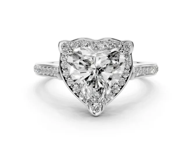 Heart Cut Diamond Halo Ring Set in White gold with Pavé-Lined Shoulders and Prong Setting