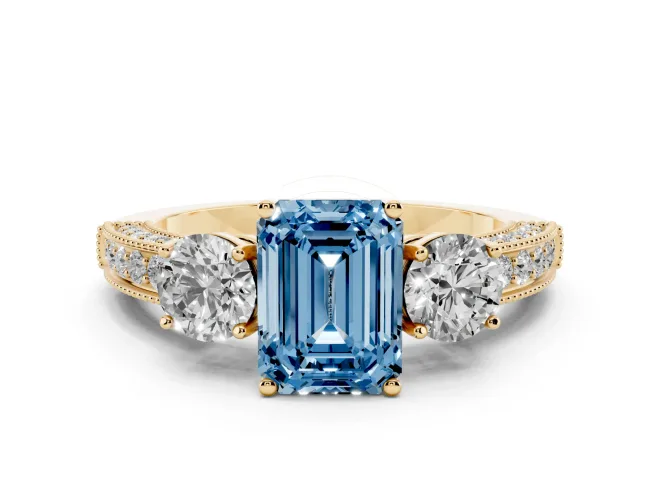 Emerald Cut Three Stone Engagement Ring Setting for a Fancy Blue Lab-Grown Diamond | Graduated Pavé Band | Yellow Gold