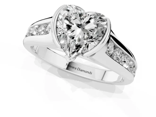 Heart Cut Diamond Bezel-Set Solitaire Ring Set in Silver with Channel-Set Band – second view