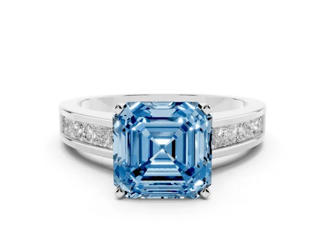 Asscher Cut Channel Engagement Ring Setting for a Fancy Blue Lab-Grown Diamond | Platinum