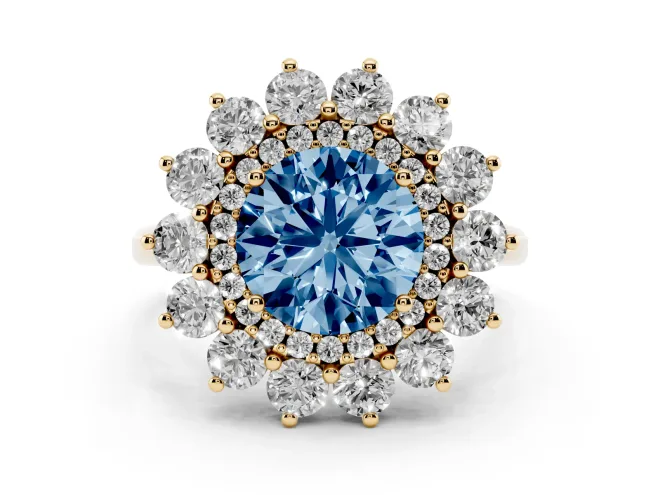 Fancy Blue Round Cut Diamond Floral Double Halo Ring Set in Yellow gold with Round Petals