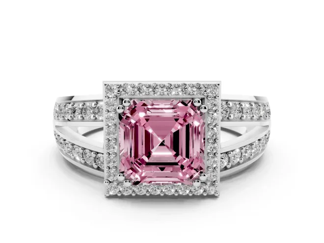 Fancy Pink Asscher Cut Diamond Halo Ring Set in Platinum with Double Pavé Split Shank