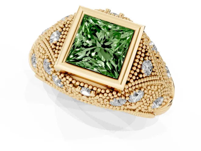 Fancy Green Princess Cut Diamond Bezel Ring Set in Yellow gold with Milgrain Accent Band – second view