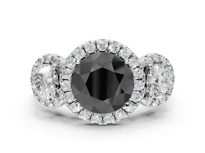 Round Three Stone Halo Engagement Ring Setting for a Black Center | Haloed Side Stones | White Gold