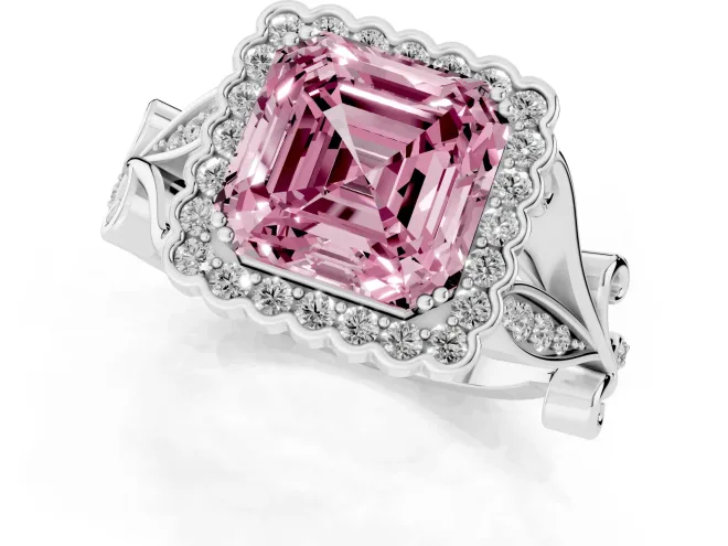 Fancy Pink Asscher Cut Diamond Halo Ring Set in Silver with Leaf Motif Split Shank and Prong Setting – second view