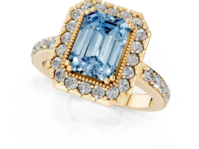 Fancy Blue Emerald Cut Diamond Halo Ring Set in Yellow gold with Pavé Shank and Prong Setting – second view
