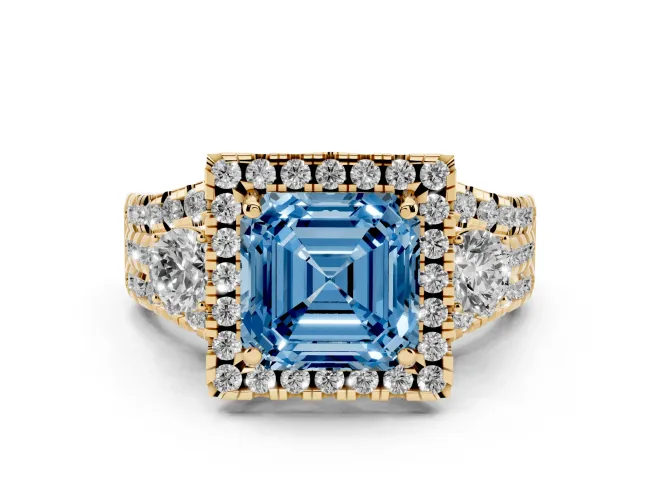 Asscher Cut Halo Split Shank Engagement Ring Setting for a Fancy Blue Lab-Grown Diamond | Yellow Gold