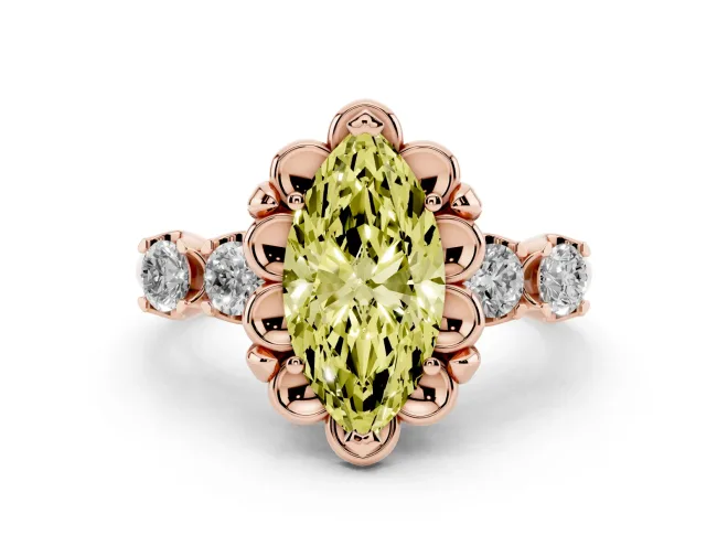 Marquise Floral Engagement Ring Setting for a Fancy Yellow Lab-Grown Diamond | Petal Frame and Side Stones | Rose Gold