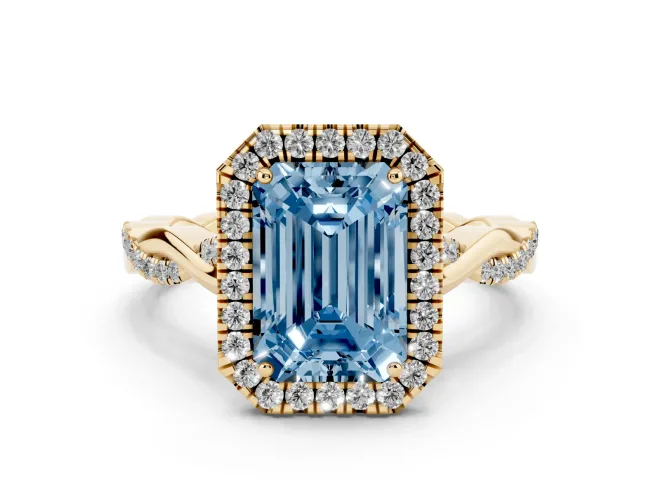 Emerald Cut Twist Halo Engagement Ring Setting for a Fancy Blue Lab-Grown Diamond | Yellow Gold