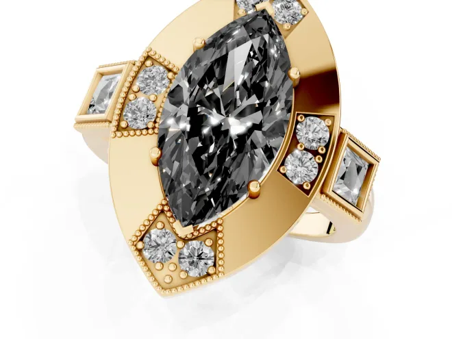 Fancy Black Marquise Cut Diamond Milgrain Halo Ring Set in Yellow gold with Split Shank – second view