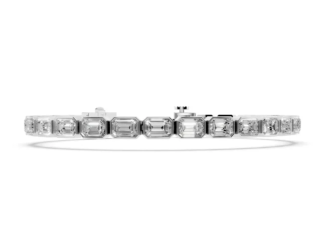 Emerald Cut Lab-Grown Diamond East-West Bezel Tennis Bracelet | Spaced Links | Sterling Silver