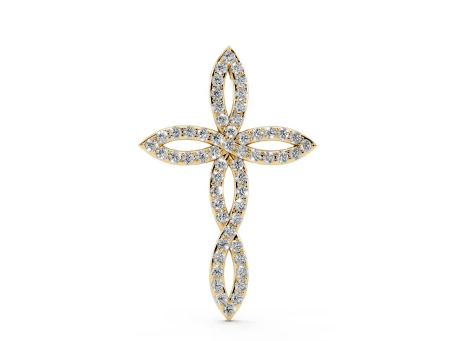 Round Lab-Grown Diamond Pavé Cross Pendant Necklace | Open Marquise Arms | Yellow Gold