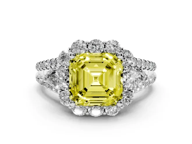 Asscher Cut Scalloped Halo Engagement Ring Setting for a Fancy Yellow Lab-Grown Diamond | Pear Side Stones | White Gold