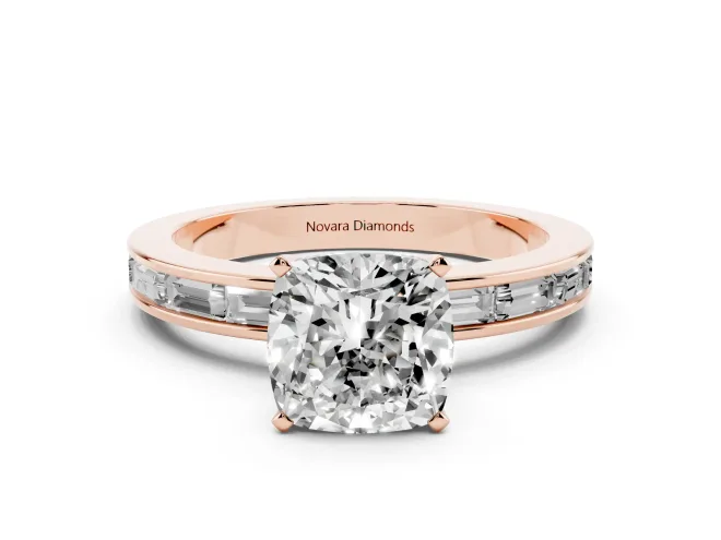 Cushion Cut Channel Set Engagement Ring Setting | Baguette Side Stones | Rose Gold